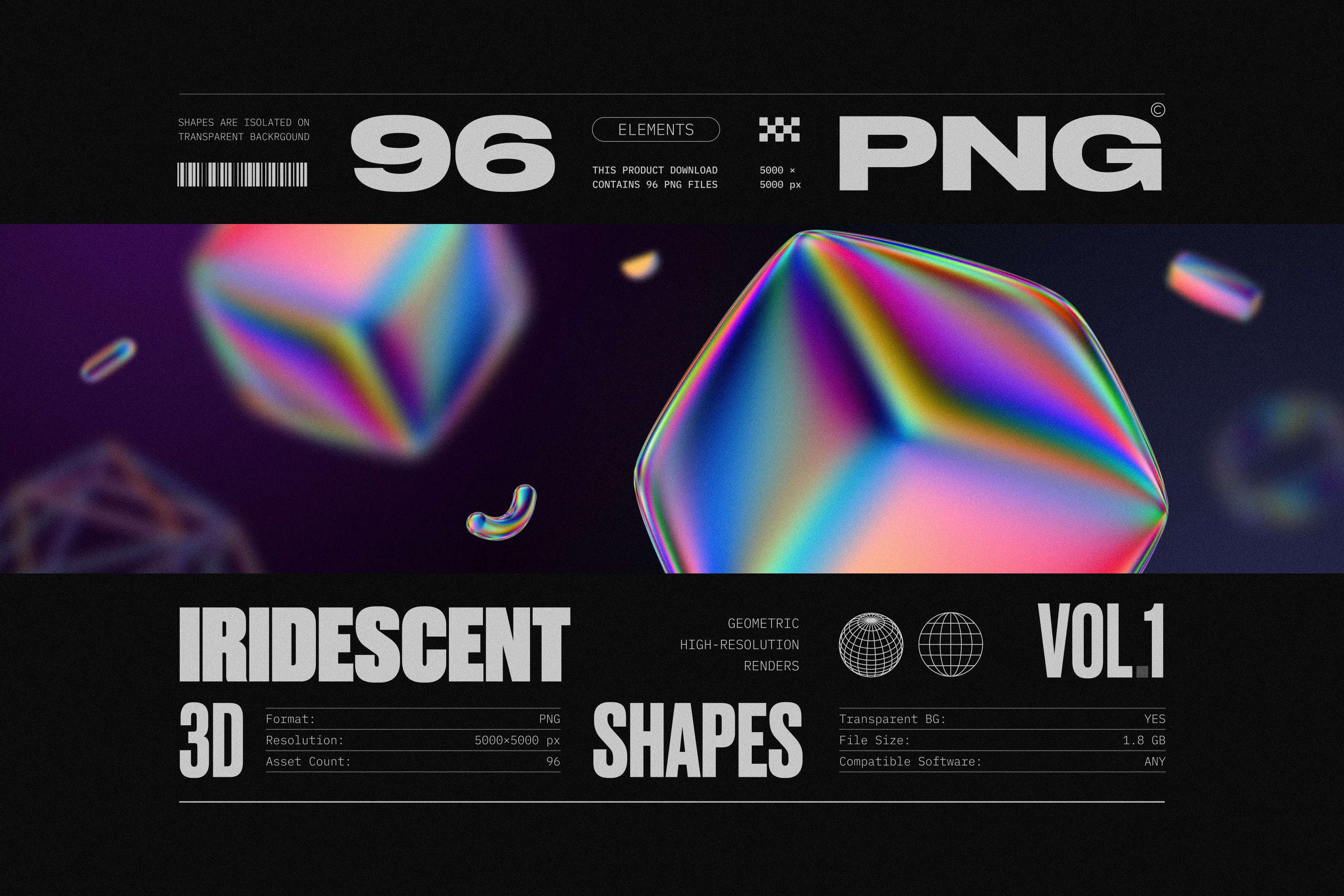 Iridescent Geometric 3D Shapes Pack vol.1