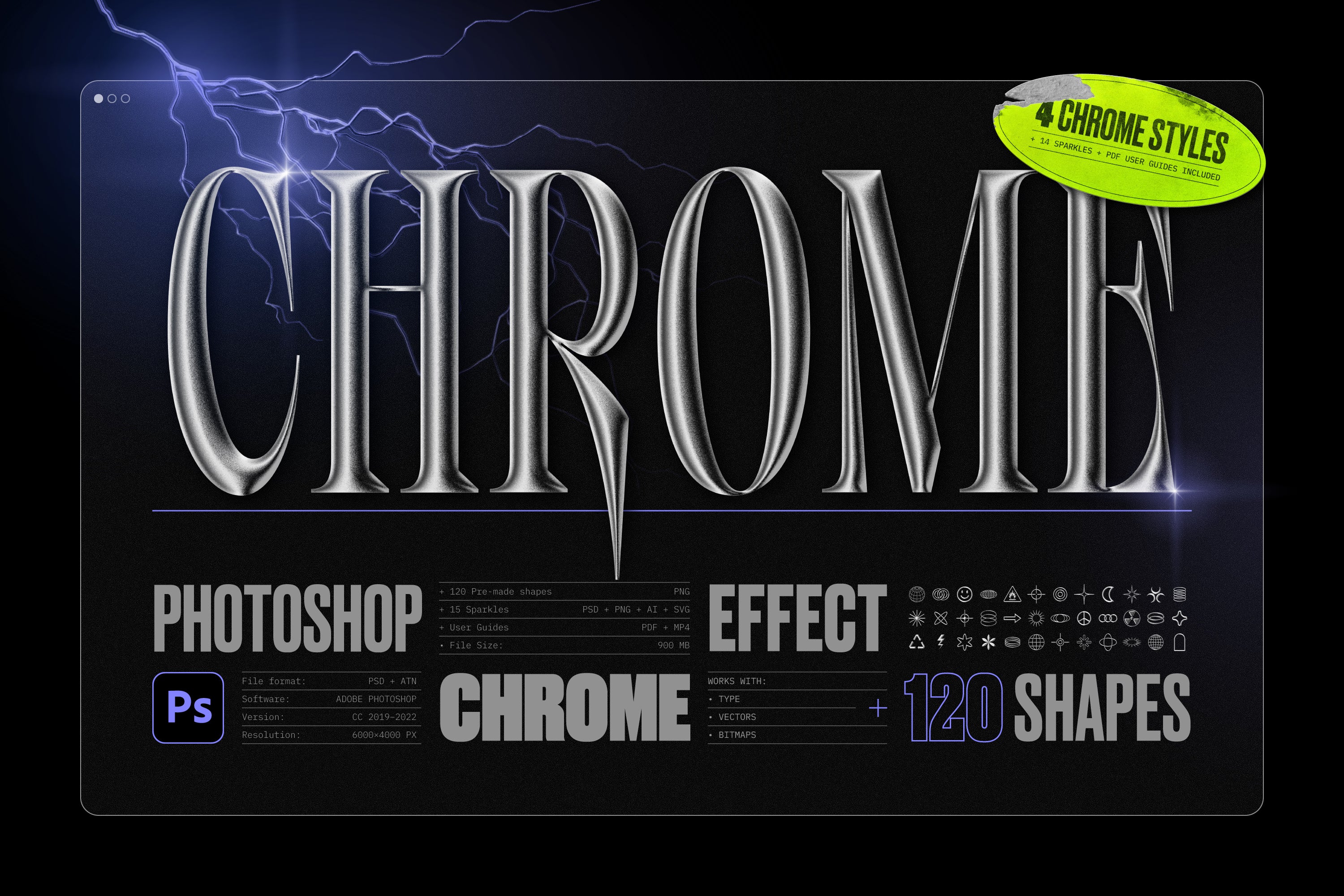 Chrome 3D Effect for Photoshop + 120 Shapes