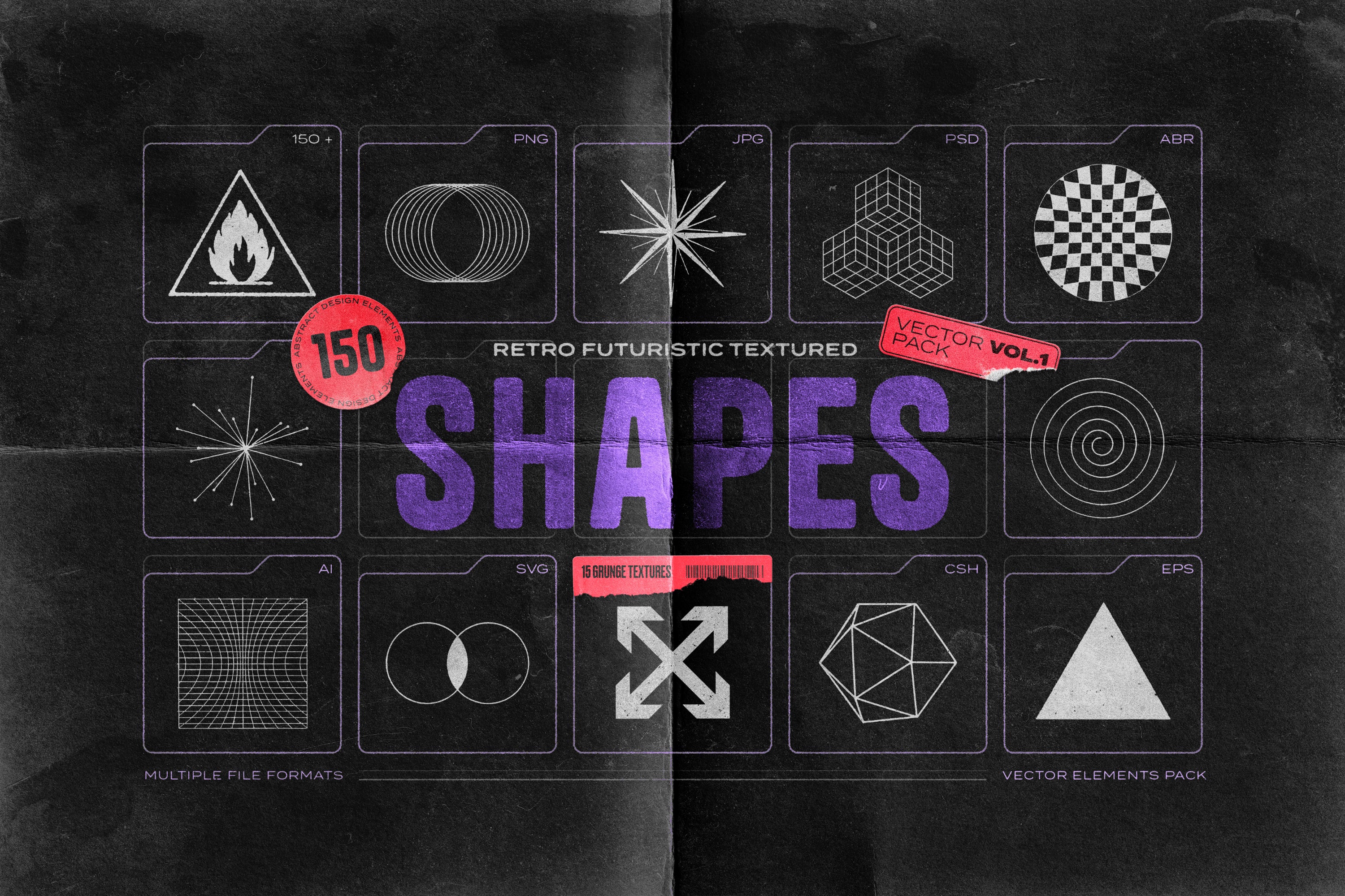 150 Retro-Futuristic Textured Shapes Pack